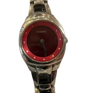 FOSSIL   Red Dial Silver Watch